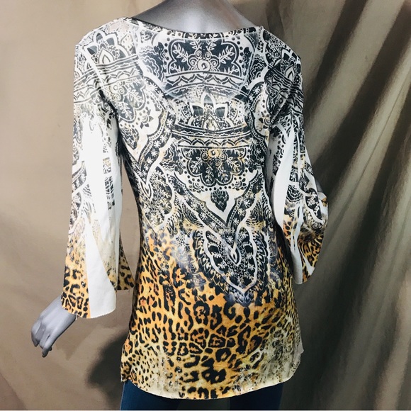 Bleu Womens Small Top Animal Print Flowy Y2K Colorful Stretch Knit Tunic Mandala - Picture 4 of 16